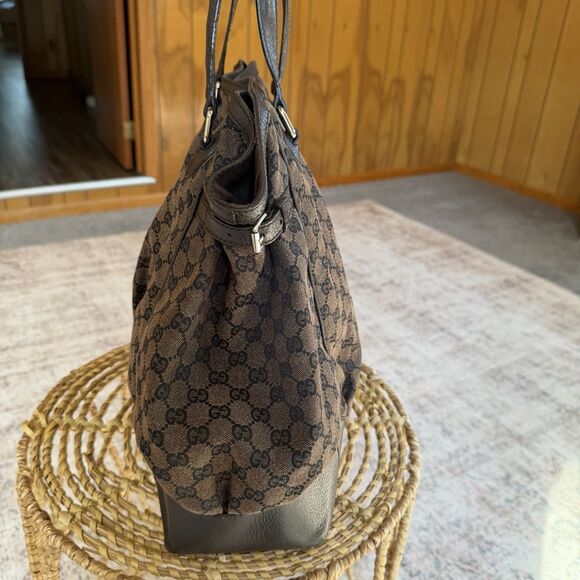 GUCCI GG Nylon Full Moon Tote Bag Brown Leather Canvas Large Monogrammed Print - Picture 3 of 16